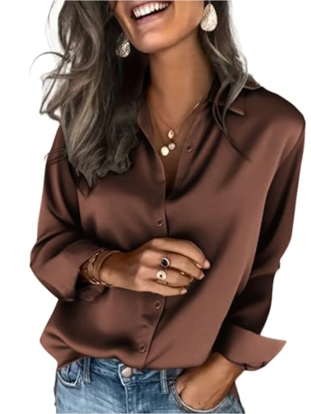 Womens Satin Blouse Long Sleeve Ruffle V-Neck Elegant Party Top